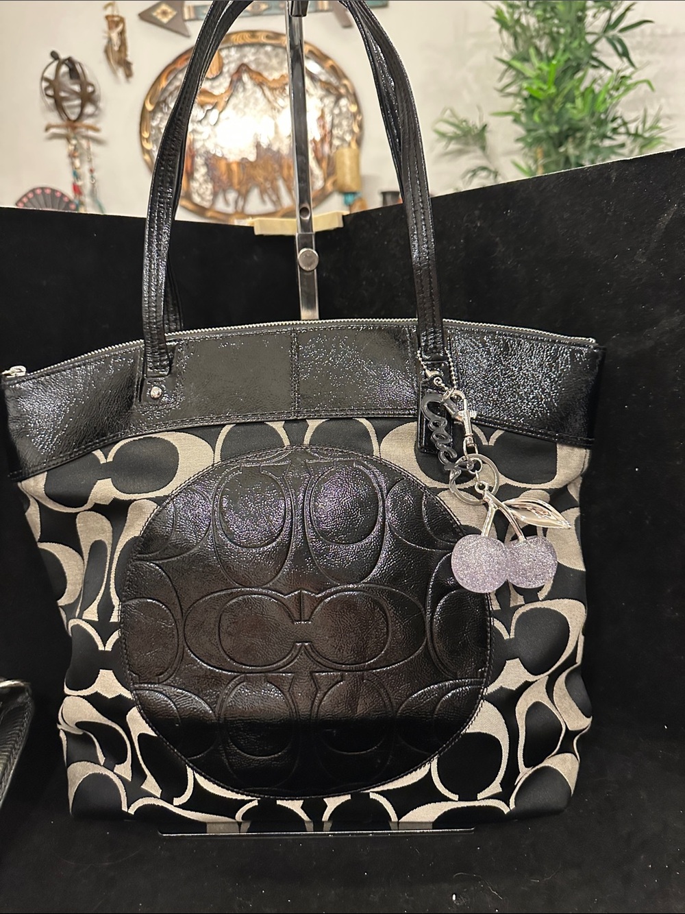 Coach Laura Black and Beige Signature Canvas Tote with Leather Trim